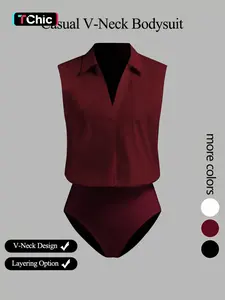 Women's casual V-neck Bodysuit Shirt, elegant woven fabric, slim fit, suitable for all seasons, and can be layered flexibly, Fitted, Womenswear