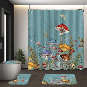 LVRLVR 4Pcs Whimsical Mushroom Print with Butterflies on Blue Wood Background Cottagecore Multi-Color Shower Curtain Set 70.8×70.8 Inch