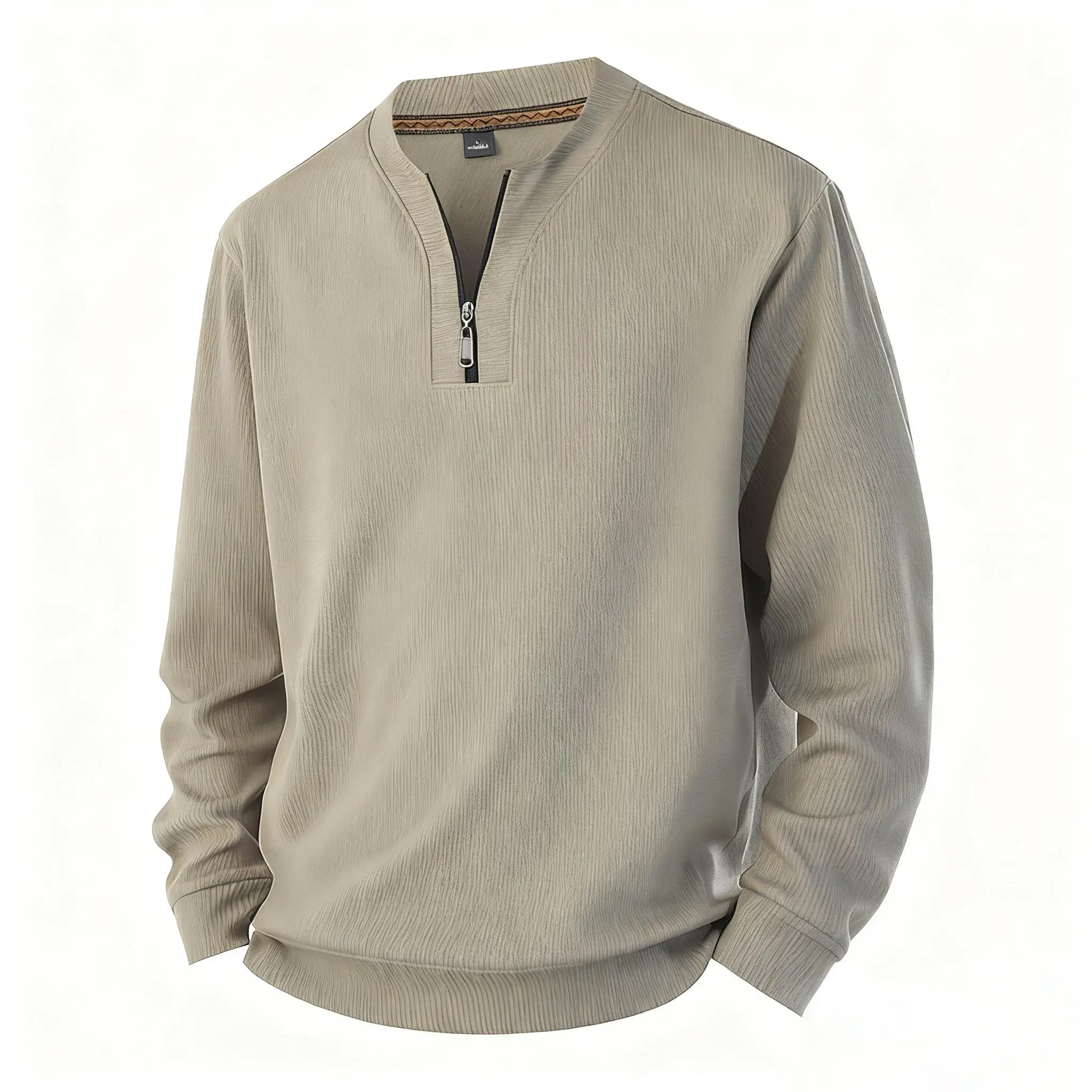 Men’s half-zip stand collar long-sleeve top – textured vertical stripe fabric, minimalist solid color, suitable for everyday wear and business casual.
