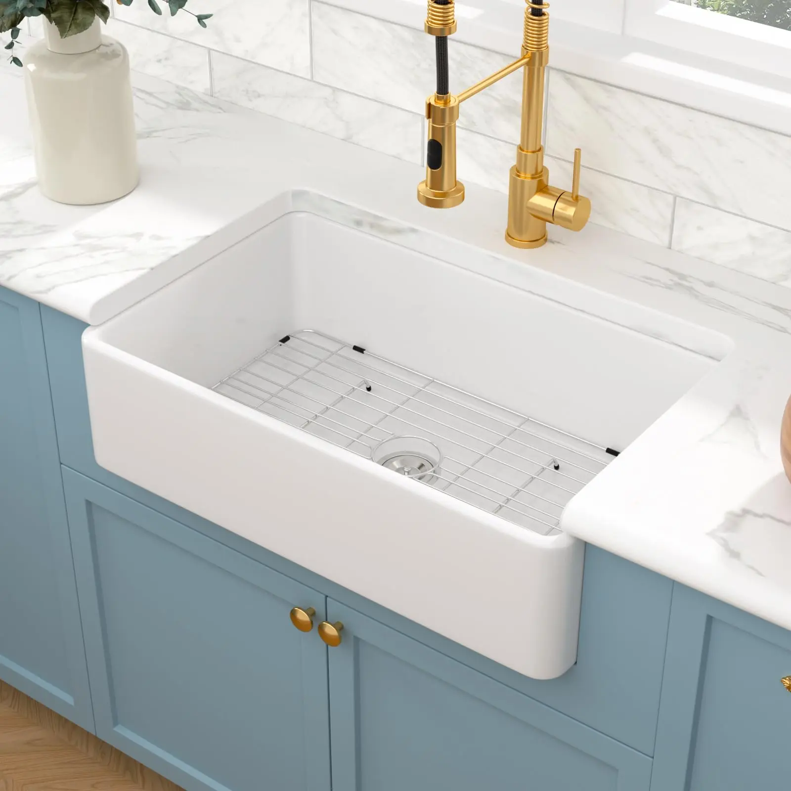 Sarlai 33 White Farmhouse Sink - 33x20 Inch Kitchen Sink Apron Front Ceramic Porcelain Vitreous Fireclay Single Bowl Farmer Sinks Basin