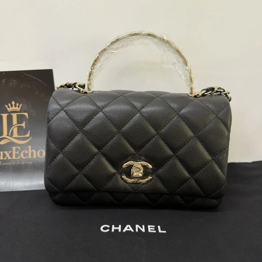 Pre-owned CHANEL Authentic 25S Coco Crush Mini Flap Bag with Top Handle, Black Quilted Caviar Leather, Gold Tone Hardware (Chip Version)