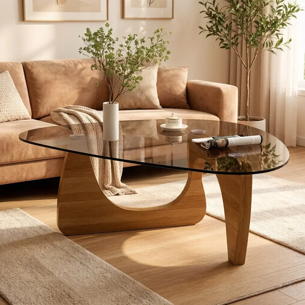 Modern Glass Coffee Table for Living Room,Noguchi Style Small Center Table, 32.3" x 23" x 16" Mid Century Modern Coffee Table, Sleek Coffee Tables, Suitable for Bedroom Living Room Reception Office Tables,Walnut