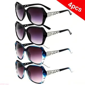 4 Pcs Women's Fashion Oversized Sunglasses Set, Decorative Hollow Metal Temple UV400 Protection Gradient Lens Eyewear, Elegant Square Frame Shades For Outdoor Travel