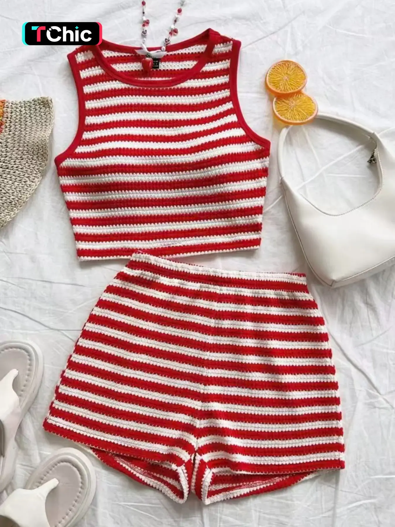 2-Piece Set, Women's Color-Blocked Striped Sleeveless Crop Top + High-Waisted Shorts, Daily Versatile Style, Everyday