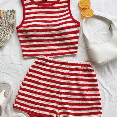 2-Piece Set, Women's Color-Blocked Striped Sleeveless Crop Top + High-Waisted Shorts, Daily Versatile Style, Everyday