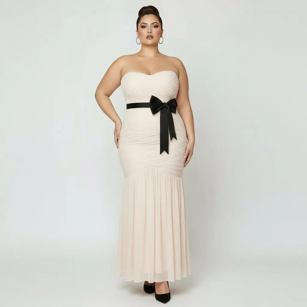 The Chloe Dress - Size 26W, Strapless Sweetheart Neckline, Trumpet Skirt, Light Blush Tulle, Detachable Ribbon Belt, Open Back, Chapel Train, Elegant Wedding Gown
