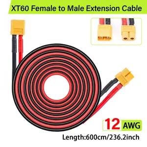12AWG XT60 Male Plug To Female Plug Adapter Connector Cable With 600cm 12AWG Silicone Wire For Airplane Quadcopter Battery Motor