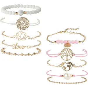 FINREZIO 10 Pcs Golden Diverse Tree Flower Heart Bracelets for Women Men Pink Layered Beaded Bracelets Adjustable Glamorous Pendent Stack Bracelets Wrap Bangle Boho Bangles Bracelets Set Jewelry Set