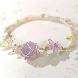 Female Hand-Woven Mesh Pocket Bracelet - GX Magichouse Natural Amethyst Natural Stone Beads, Bow & Wreath Motif Hand Rope, Casual Elegant Holiday Daily Wear Fashion Accessory, Ideal Girlfriend Birthday Gift