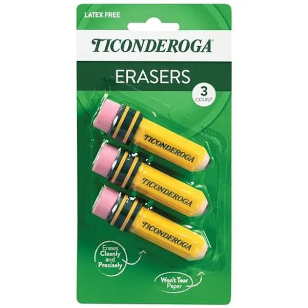 TICONDEROGA ® Erasers, Pencil Shaped, Yellow, 3 ct (38953) | Yellow, 0.75" x 2.875", #38953
