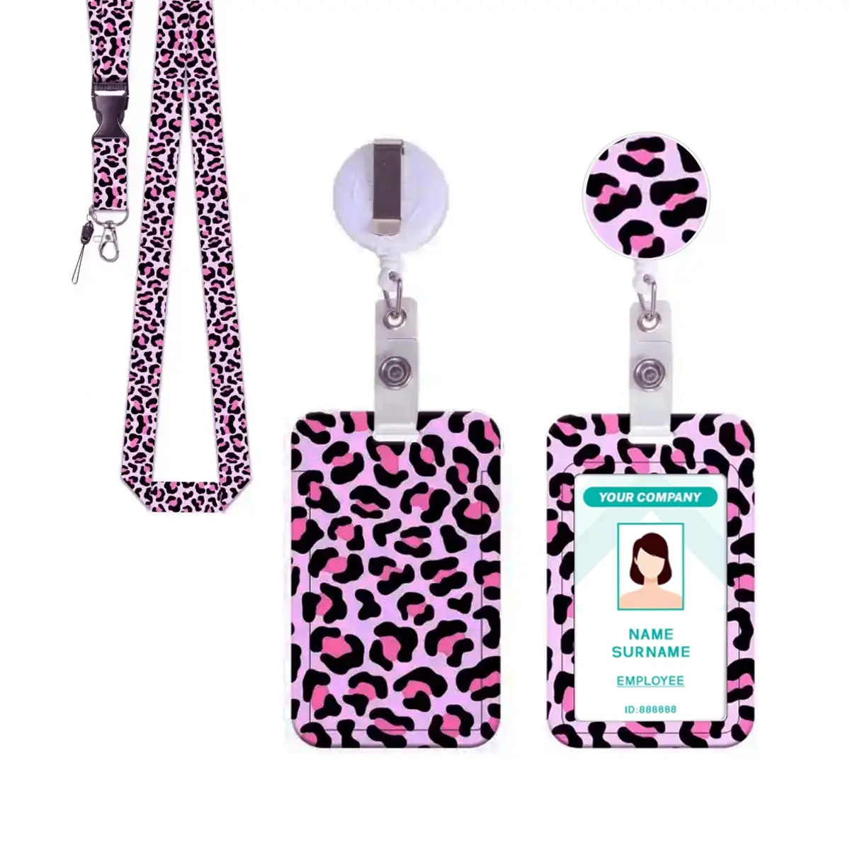 Leopard Print ID Badge Holder Set, Id Badge Holder With Lanyard, Adjustable Scroll Clip, Detachable Lanyard, Fun Work Name Tag Card Protector for Women Teachers Nurses Office Gifts, Personalized Lanyard