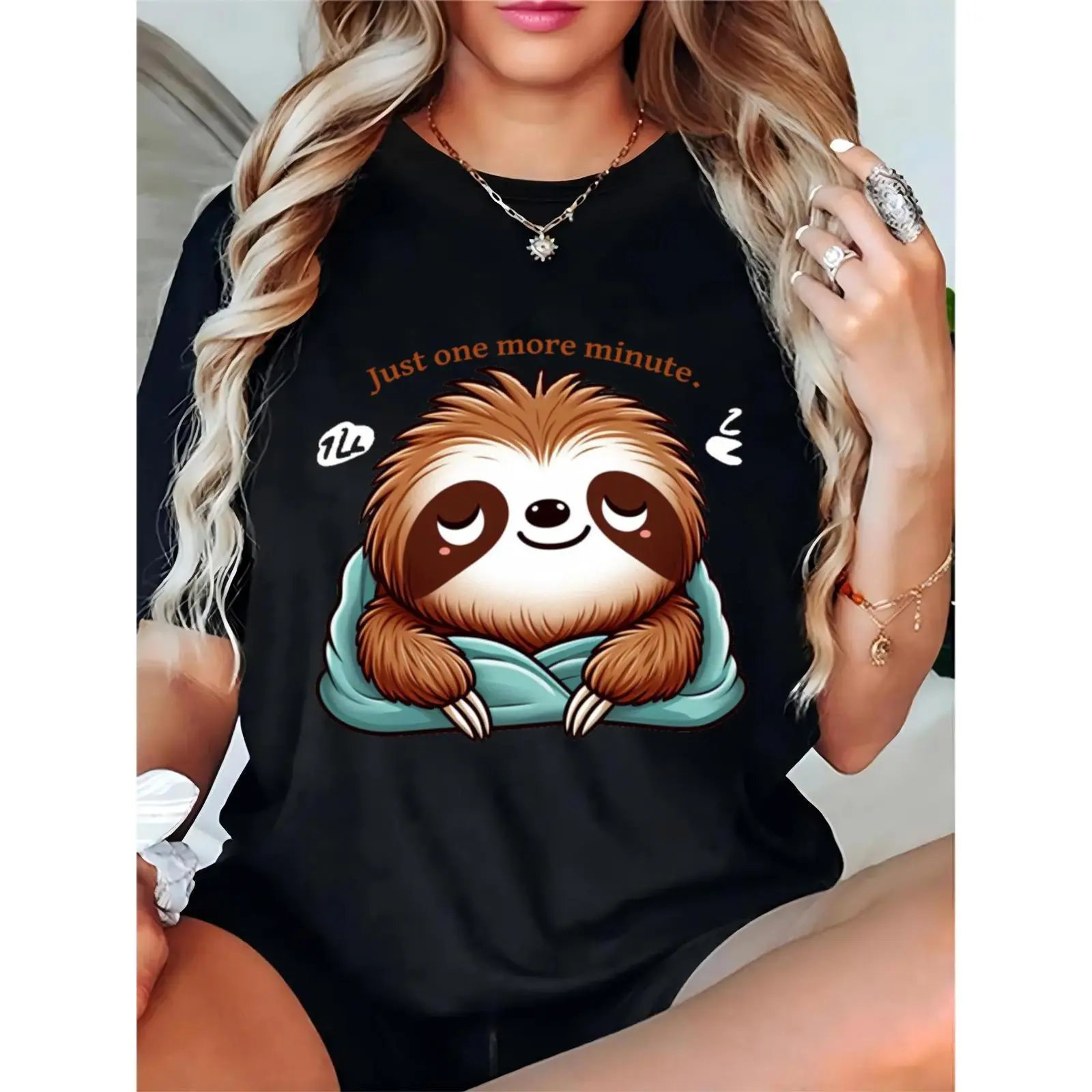 Women's Sleepy Sloth "Just One More Minute" Graphic T - Shirt, Casual Loungewear Lazy Day Tee for Ladies