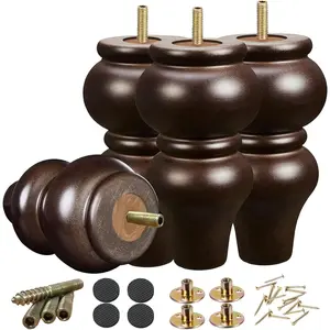 6 Inch Wood Furniture Legs Pack of 4, Round Espresso Mid Century Couch Legs, Sofa Replacement Parts for Dresser, Sideboard, Recliner, Coffee Table