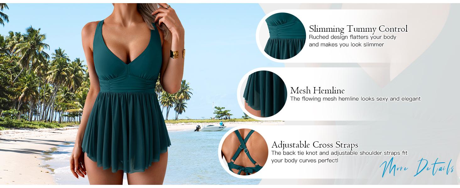 Aidonger Women's One Piece Swim Dress Swimsuit Tummy Control Mesh Swimdress V Neck Bathing Suit Skirt Tie Back Swimwear Aidonger Women's One Piece Swim Dress Swimsuit Tummy Control Mesh Swimdress V Neck Bathing Suit Skirt Tie Back Swimwear