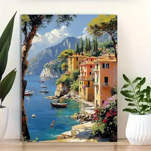 1 Piece Portofino Italy Coastal Wall Art Painting - Ready-to-Hang Framed Canvas Poster - Mediterranean Village Colorful Boats and Pastel Buildings - Living Room, Office, Bedroom Decoration - 12x16inch (30x 40cm ) - Italian Riviera Landscape, Coastal Decor