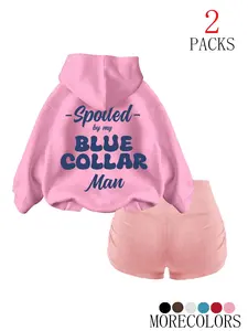 2 Piece Set Women's Fashion Hooded Drawstring Sweatshirt, Casual Loose-Fitting Thick Fabric for Daily Wear & Fitness, Blue Collar Lover Print