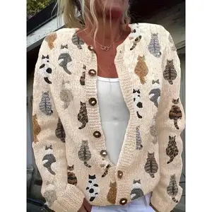 Plus Size, Women's Casual Cat Print Cardigan - Playful Kitten Pattern, Breathable Fabric, Long Sleeve Round Neck Button Front Sweater for Spring & Fall, Machine Washable Cozy Layering Essential for Fashionable Outfits, Cat Sweater, Fall Wardrobe