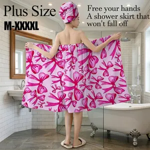 2 Pcs Plus Size M-XXXXL Pink Bow Print Bath Wrap Skirt & Hair Towel Set, Non-Slip Adjustable Shower Skirt for Bathroom, Spa, Bridal Shower, Girls Party
