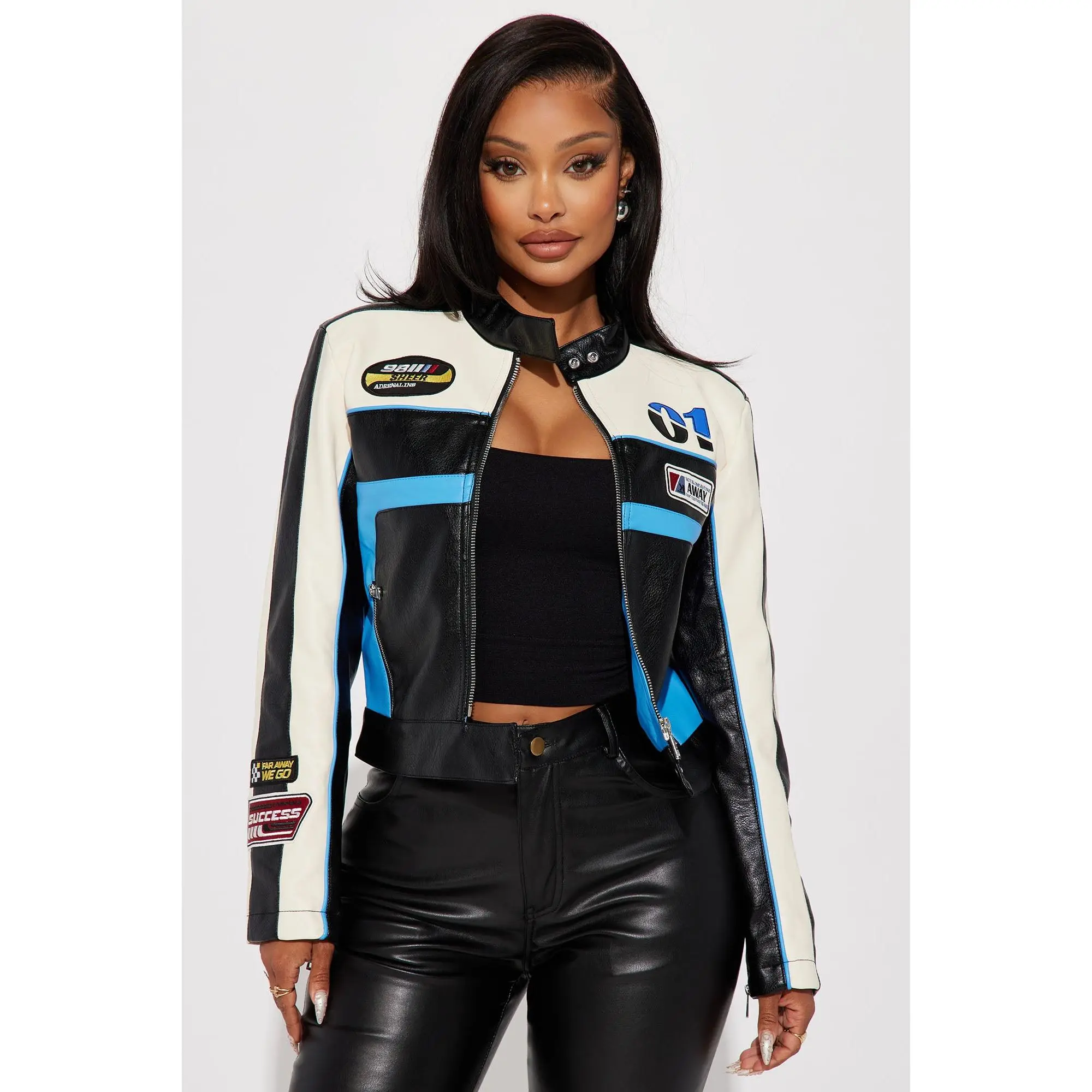 Around The Track Faux Leather Jacket - Blue/combo