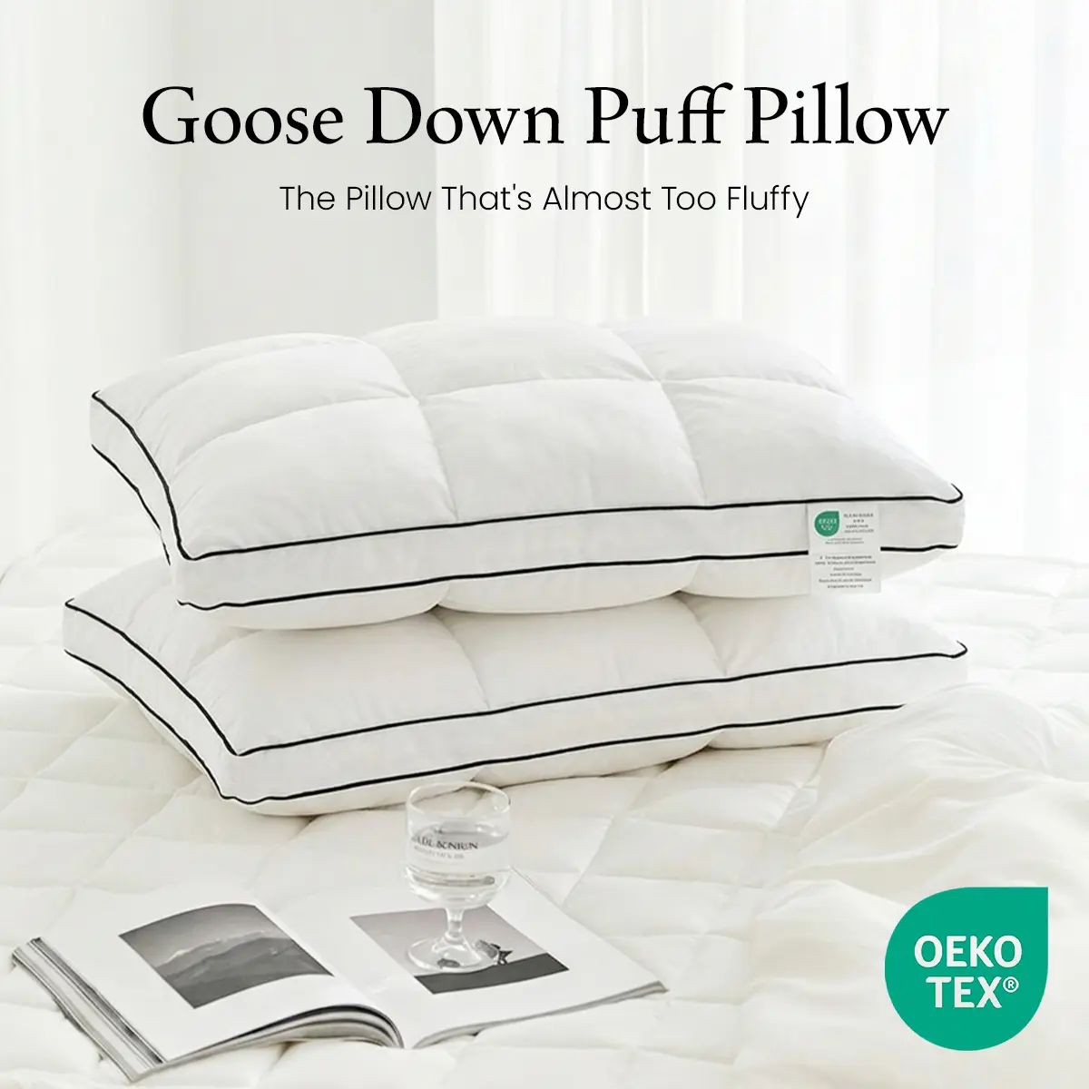 APSMILE Goose Down Puff Pillow The Pillow That's Almost Too Fluffy Premium Goose Down Fill Cloud-Like Softness Breathable Cotton Cover Suitable for All Sleep Positions Hotel Collection Comfort