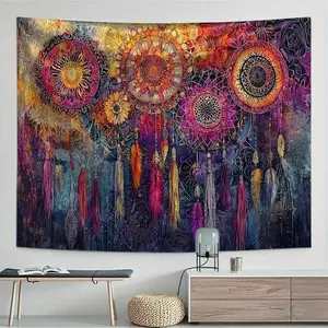 1 Large Bohemian Mandala Dreamcatcher Tapestry - Vintage Colorful Handmade Polyester Fabric Wall Decoration, Suitable for Living Room, Bedroom, Office Decoration - Wedding Gifts, Birthday Gifts, Party Background Cloth, Home Decoration