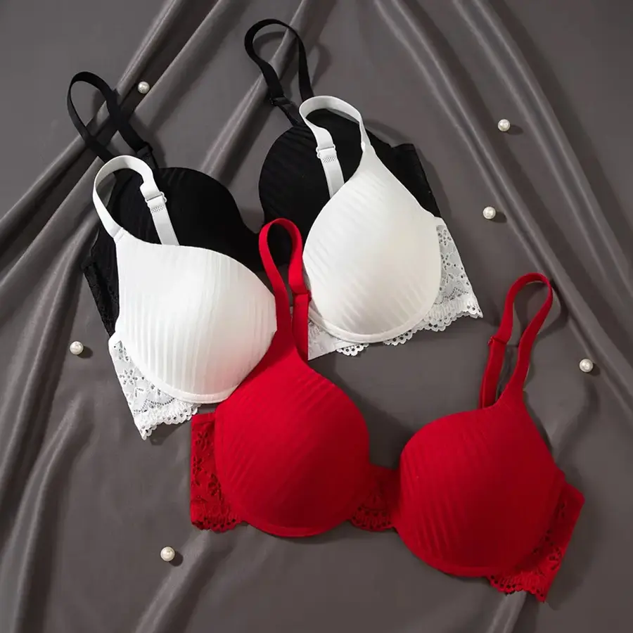 3-piece elegant red lace bra set with push-up design, medium support, underwire, and non-removable pads—designed specifically for adult women, with lace detailing. Adult bra set | Elegant lace bra | Underwire bra