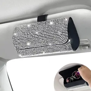 Sunglasses Holder for Car Sun Visor, Sparkling Eyeglasses Car Visor Clip Storage Glasses Organizer Case, PU Leather Auto Sunglass Holder Protective Box for Truck, SUV,