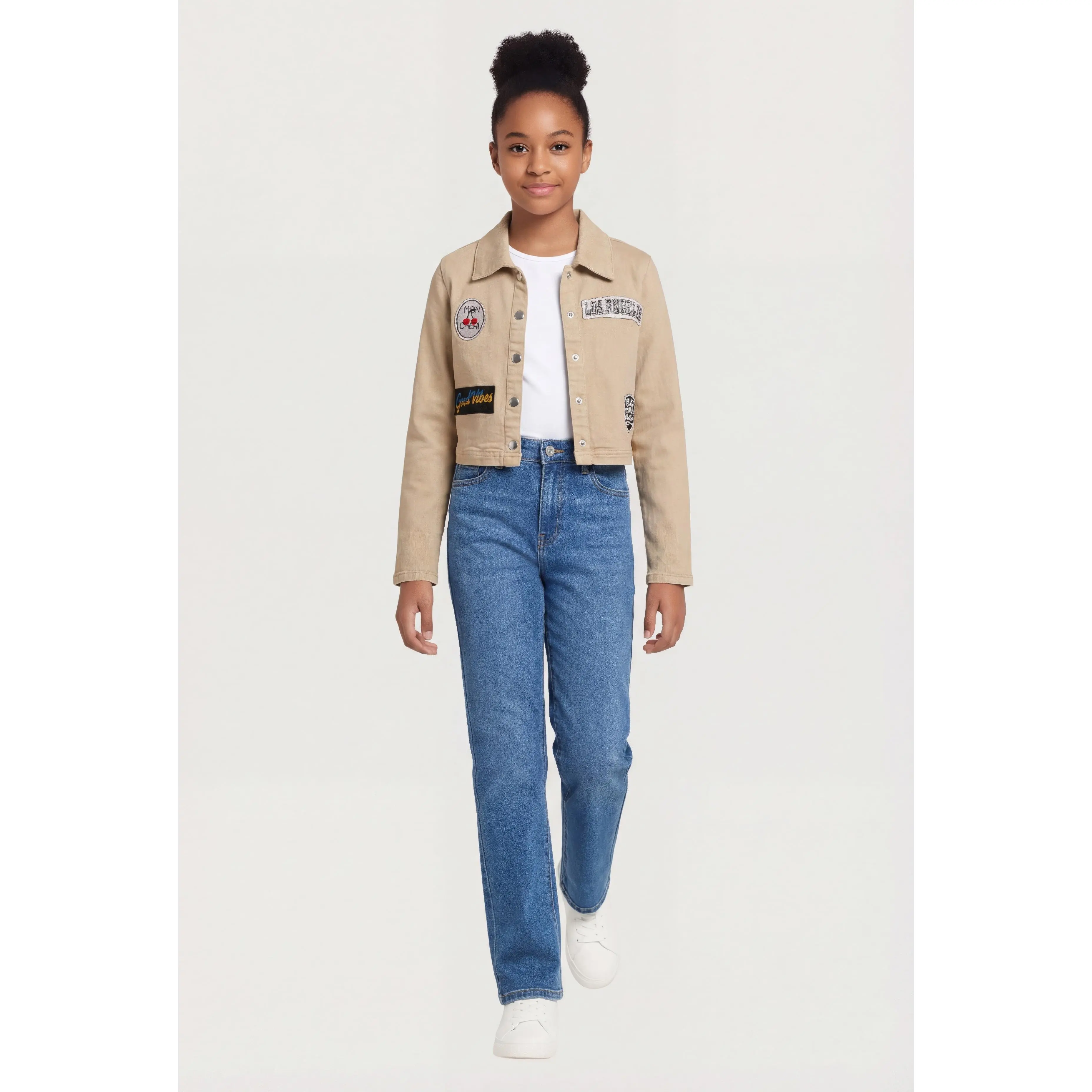 Girls Embroidered Patch Graphic Acid Wash Jean Jacket