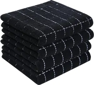100% Cotton Terry Kitchen Towels, Checkered Design, Soft & Super Absorbent Dish Towels, Black, 4 Pack, 13 x 28 Inches