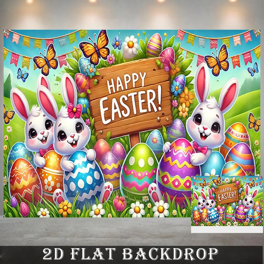1PC Polyester Reusable Easter Happy Backdrop Banner - 2D Flat Cloth with Cute Bunny, Colorful Eggs - Birthday, Party Photo Booth Prop, Home Festive Wall Hanging Decoration for Family Gatherings, One-Piece