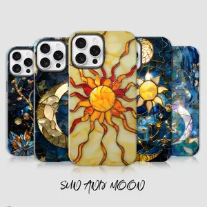 Stained Glass Sun Moon Phone Case, Aesthetic Celestial Case  for iPhone 17ProMax 16 15Plus 14 13 12Pro, Samsung Galaxy S25 S24 S23 S22，Boho Sun Moon Protective Cover, Unique Gift for Her.HY70
