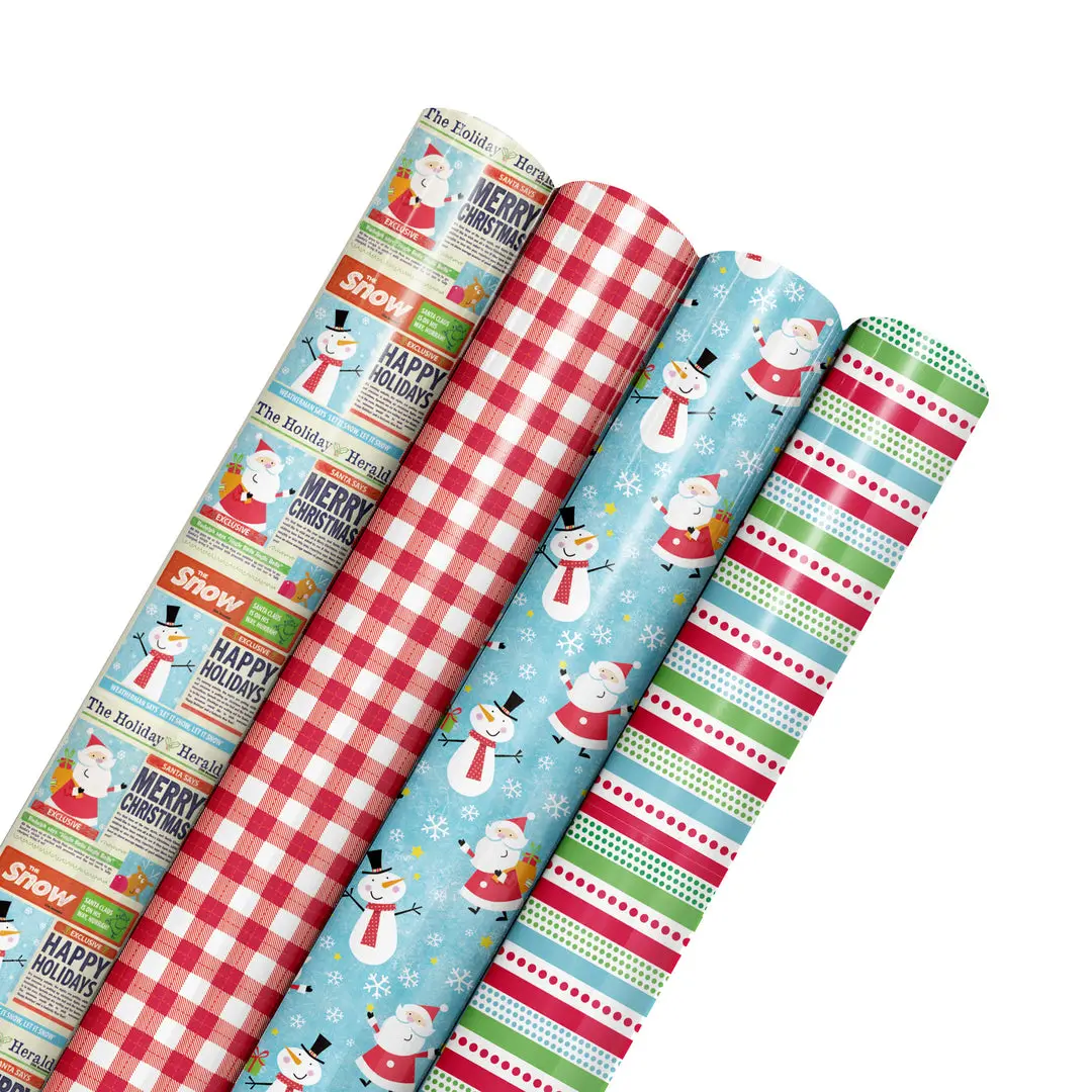 4-Pack Holiday Gift Wrapping Paper Bundle, 30" x 10' Wrappingpaper Roll Set for Office Stationery & Gift Packaging Needs