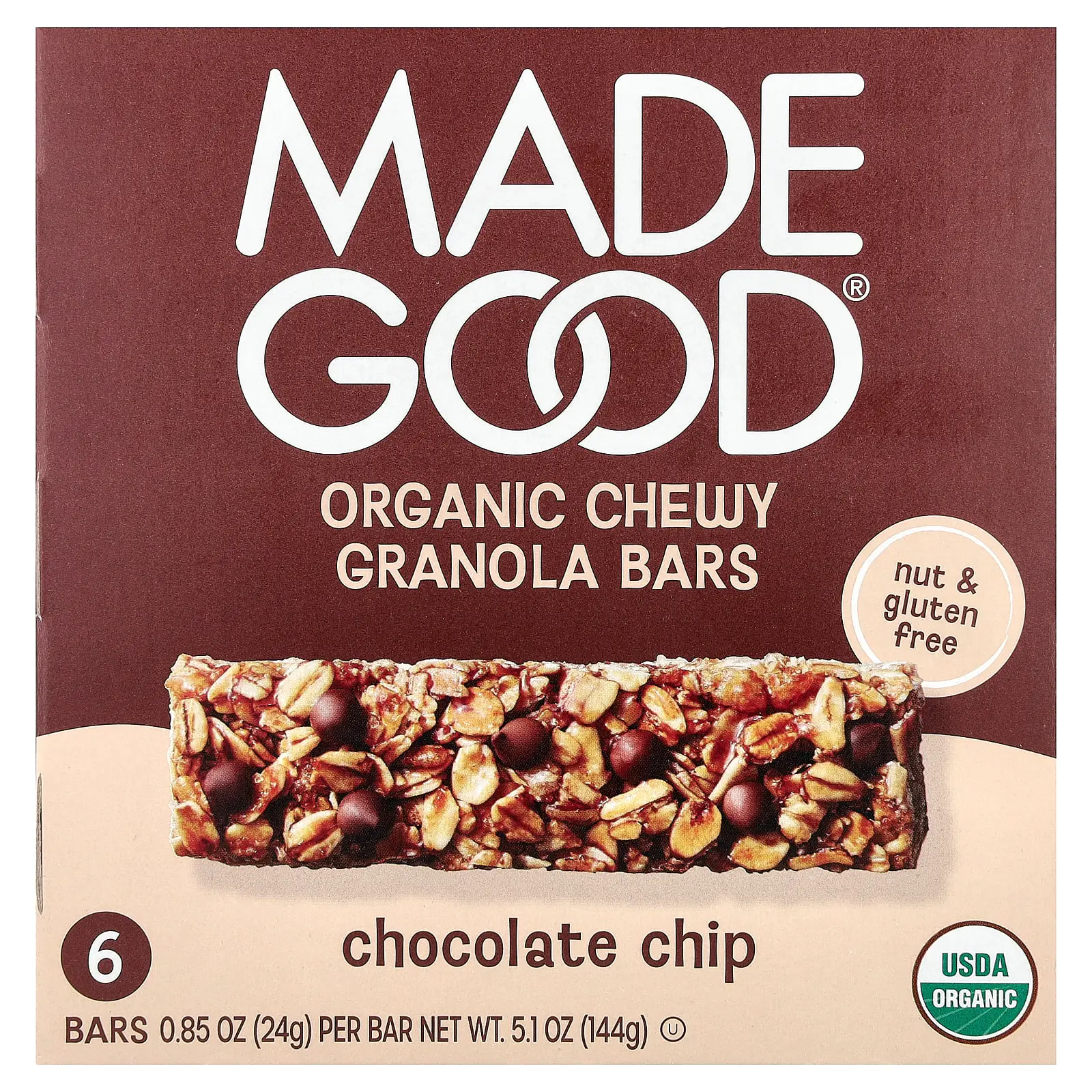 MadeGood Organic Chewy Granola Bars, Chocolate Chip, 6 Bars, 0.85 oz (24 g) Each