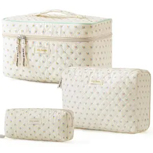 Quilted Makeup Bag, 3PCS Cotton Large Travel Makeup Bag, Cute Floral Coquette Make up Bag Cosmetic Bag Toiletry Bag for Women Girls