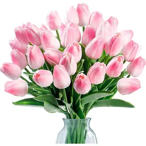 15 count  Tulips Artificial  Real Touch PU Faux   Stems for Wedding Spring Bouquet Floral Arrangement Home Party Office Decorations for Mother's Day (Light Pink)