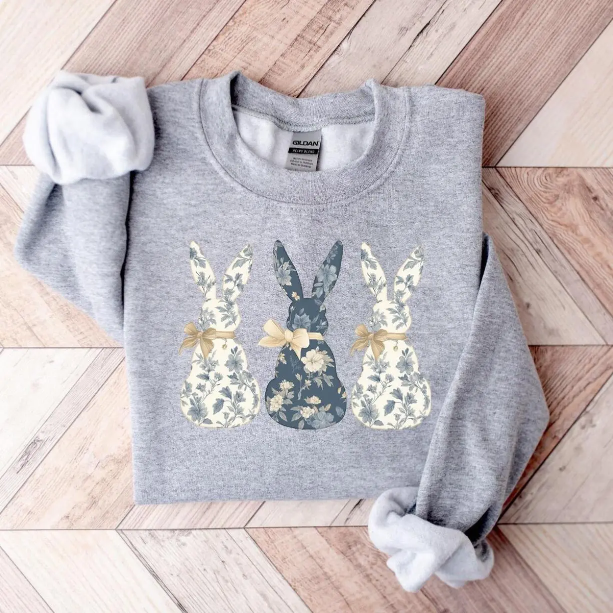 Floral Blue Bunny Sweatshirt, Cute Easter Bow Crewneck, Trendy Bunny Women's Sweater, Coquette Easter Bunny Sweatshirt, Gift for