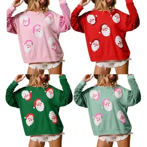 Women Cute Santa Claus Sweatshirt Christmas Sparkly Sequin Patched Graphic Print Shirt Crewneck Long Sleeve Pullover Sweatshirts Tops Glitter Funny Xmas Holiday Clothes
