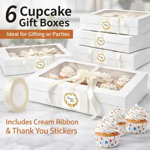 6 Pcs Mini Cupcake Boxes – Holds 24 Mini Cupcakes Each, White Bakery Boxes with Window, Includes Silk Ribbon & Stickers – Perfect for Party Favors, Baking