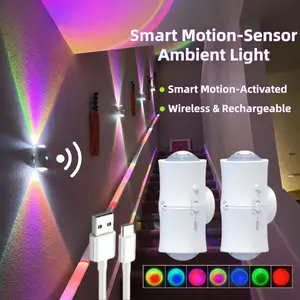 Smart Motion Sensor LED Night Light Rechargeable Magnetic Wall Sconce - Wireless Stick On for Bedroom Hallway Stairs Bathroom Luxury Aesthetic Ambient Mood Lighting and Step Lights Holiday Gift Electronic Lamp