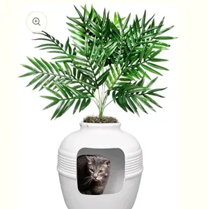 Hidden Litter Box Base Kit, Round Enclosed Cat Planter Furniture with Fake Plant, Hooded Vented Carbon Filter System for Odor