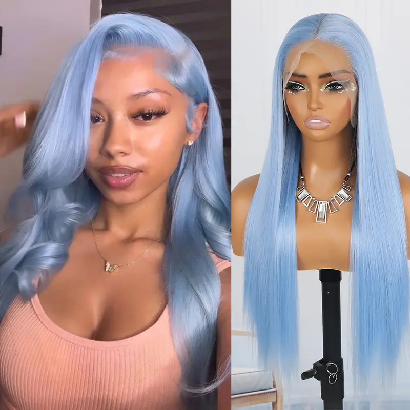 QD-Tizer Long wavy Curly Wigs Ombre Blue Color Synthetic  display picture 2