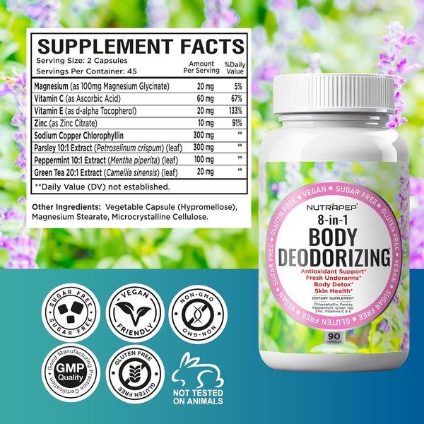 Body Deodorizing Supplement - Odor Eliminator & Internal Deodorant Pills for Fresh Breath Skin Health & Detox - Full Body