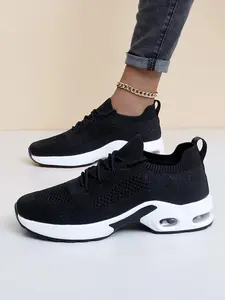 Women's Fashionable Plain Color Lace Up Air Cushion Sneakers, Casual Comfortable Sports Running Shoes, All-match Round Toe Chunky Sneakers for Daily Wear