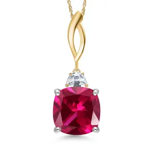 Gem Stone King 925 Silver and 10K Yellow Gold Red Created Ruby and White Moissanite Pendant Necklace for Women | 8.23 Cttw | Gemstone July Birthstone | Cushion 12MM | With 18 Inch Chain
