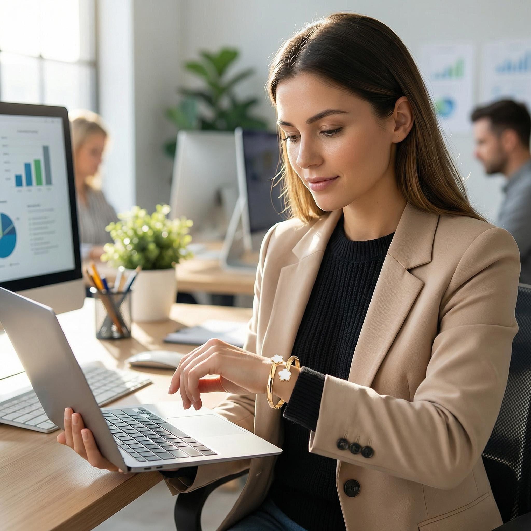 Elegant Five-Leaf Clover Dangle Charm Open Bracelet for Women, Glossy Metal Texture with Bright Luster, White & Black Pendant Options, Ideal Accessory for Commute, Party and Shopping BraceletMetal Cuff Bracelet