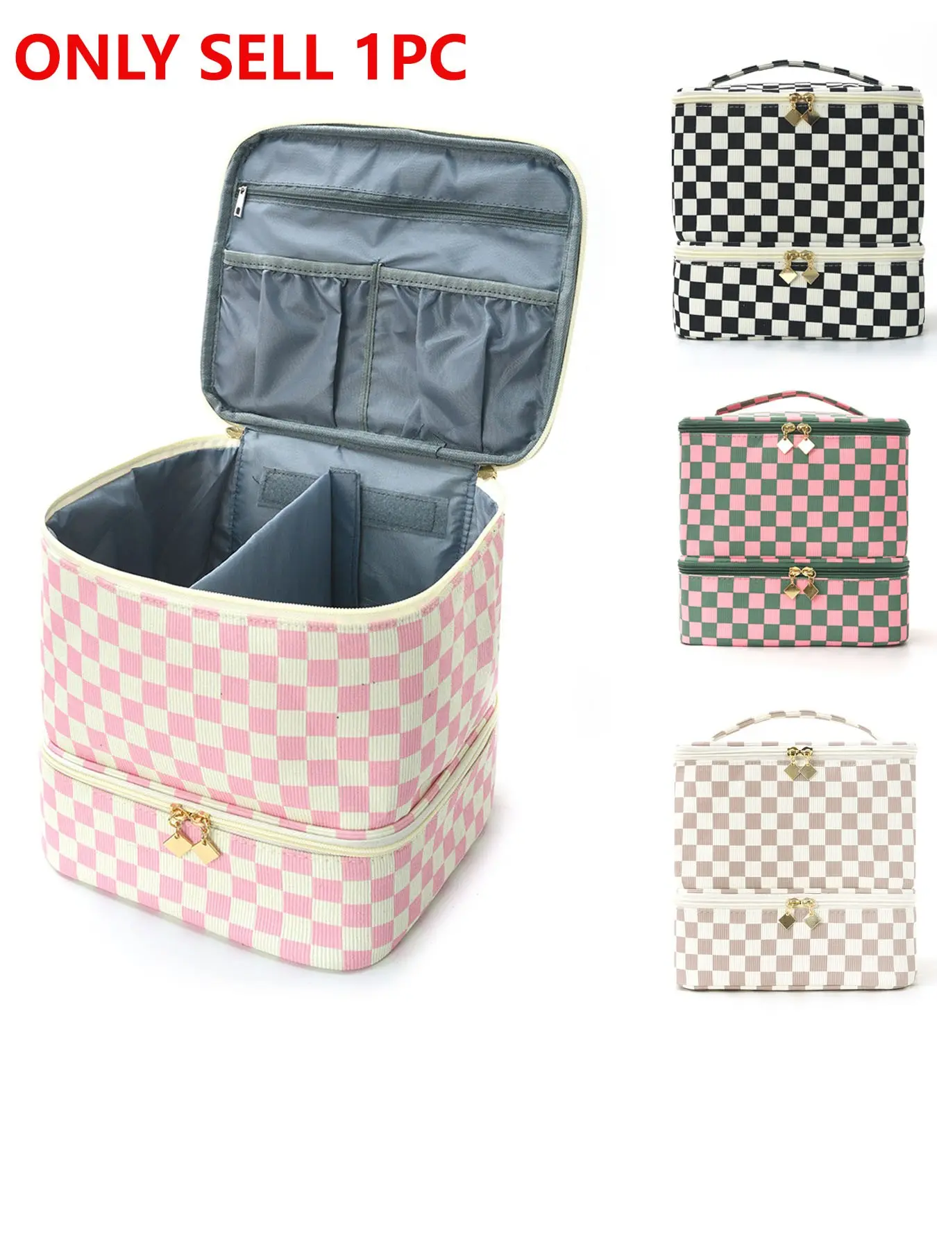 Double Layer Checkered Makeup Case, Vintage Striped Fabric Cosmetic Organizer with Portable Handle, Multi-color Travel Makeup Box with Divided Storage, Large Capacity Beauty Bag, Cosmetic Pouch, Vintage Vanity Bag for Women & Girls, Travel Cosmetic Bags