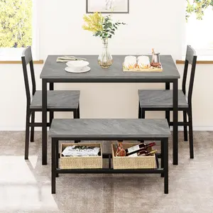 Dining Table Set for 4 with Bench, Kitchen Table Set with Bench, Dining Room Table Set with Storage Racks, Table and Chairs Set for Small Apartment, Kitchen, Dinette Table Set, Grey