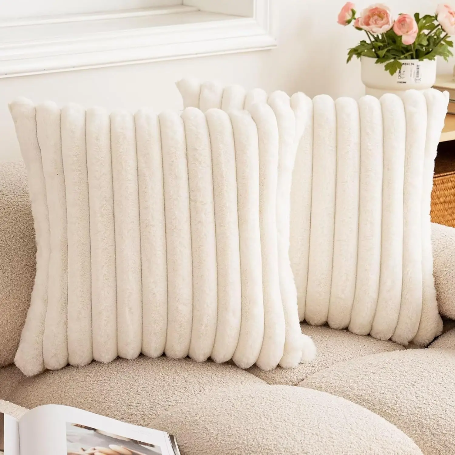 16x16 in Modern Double-Sided Faux Fur Plush Throw Pillow Covers (Set of 2) - Striped, Shaggy, Soft, Cozy Cushion Cases - Luxury Decorative for Couch, Sofa - Cream White, Indoor/Outdoor, Machine Washable