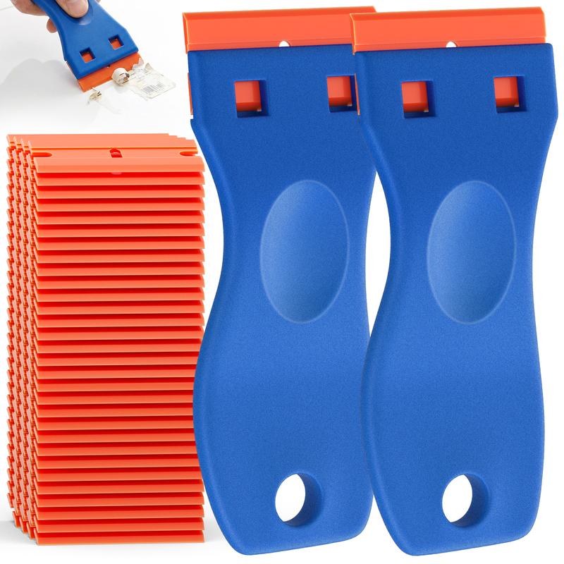 2 Pack Plastic Razor Blade Scrapers with 100 Plastic Blade Refills, Multi-Purpose Glue Remover Tool for Household Cleaning and Car Vinyl, Stickers, Labels and Adhesive Removal