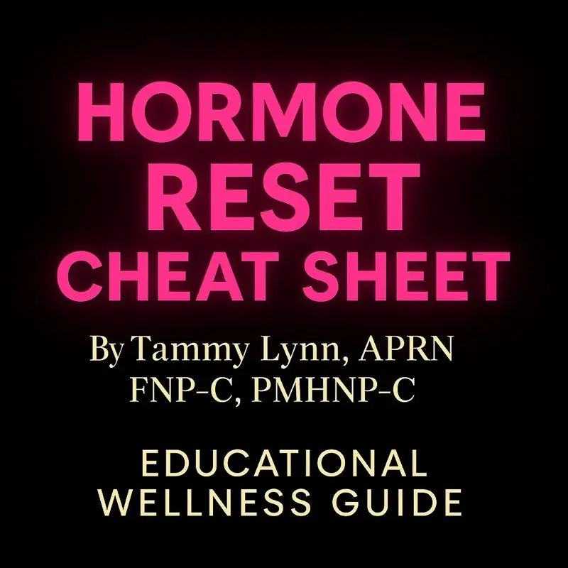 Hormone Reset Cheat Sheet by Tammy Lynn APRN FNP-C PMHNP-C Educational Wellness Guide for Hormone Balance Sleep Anxiety Support Cortisol Reset Progesterone Education Menopause Stress Relief
